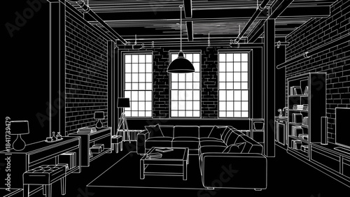 Monochromatic Outline of a Modern Industrial Loft Living Room.