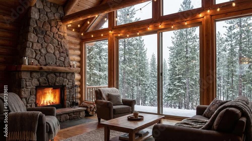 A bright interior with a warm fireplace during winter. Looped footage for background.
