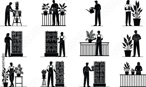 Black Silhouette Vector Icons of People Gardening, Tending Houseplants, and Caring for Vertical Gardens, Home Greenery and Urban Farming Concepts