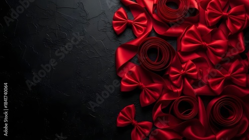 Elegant red ribbons and bows artfully arranged against a dark backdrop. The scene evokes a sense of luxury, romance, and celebration