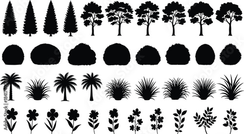 Black and White Silhouette Vector Pack of Trees, Bushes, Palms, and Flowers, Essential Botanical Elements for Landscape Design and Architectural Visualization Projects