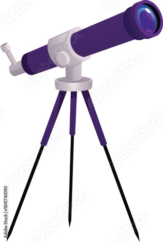 A telescope icon with a purple tripod. Optical equipment for studying space objects.
