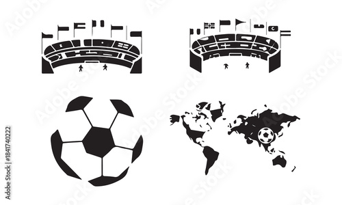 Football Stadium and World Map Silhouette Set, Soccer Ball and Global Arena Icons, Black and White Sports Vector Collection