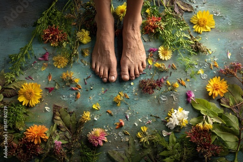 Bare feet standing among colorful flowers and greenery, creating a serene and organic composition reflecting nature's beauty.