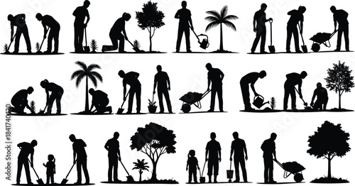 Family Tree Planting Silhouettes Vector Graphic Set, Black Illustrations of People Working Together for Reforestation, Ecology, and Environmental Conservation.