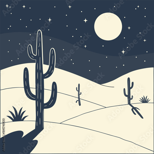 Illustration of a desert landscape with cacti under a starry night sky with a full moon shining brightly in the dark blue sky