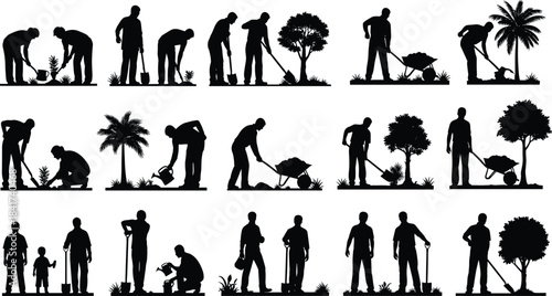 People Gardening Silhouettes Set, Indoor Potted Plant Care and Maintenance Black Vector Graphic Icons for Home Garden and Botanical Hobby.