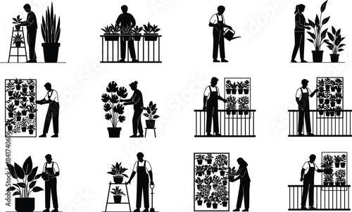 Vector Silhouette Set of People Gardening, Caring for Houseplants and Indoor Plants, Black and White Icons for Urban Farming and Home Greenery Concepts