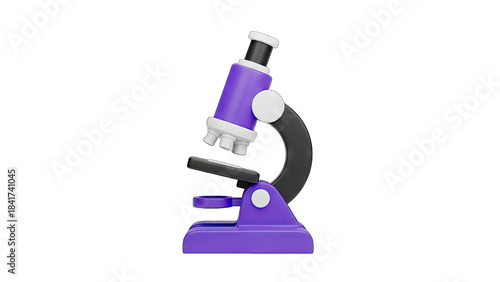 A detailed 3D render of a purple microscope with a white eyepiece and black arm isolated on a transparent background representing scientific research and laboratory equipment