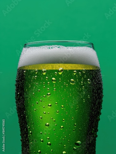 Close-up of refreshing emerald green beer with condensation and foam, perfect for St. Patrick's Day celebrations.