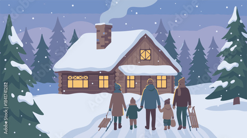 Winter illustration of family, snow-covered A-frame cabin, and pine forest