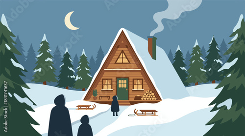 Winter illustration of family, snow-covered A-frame cabin, and pine forest