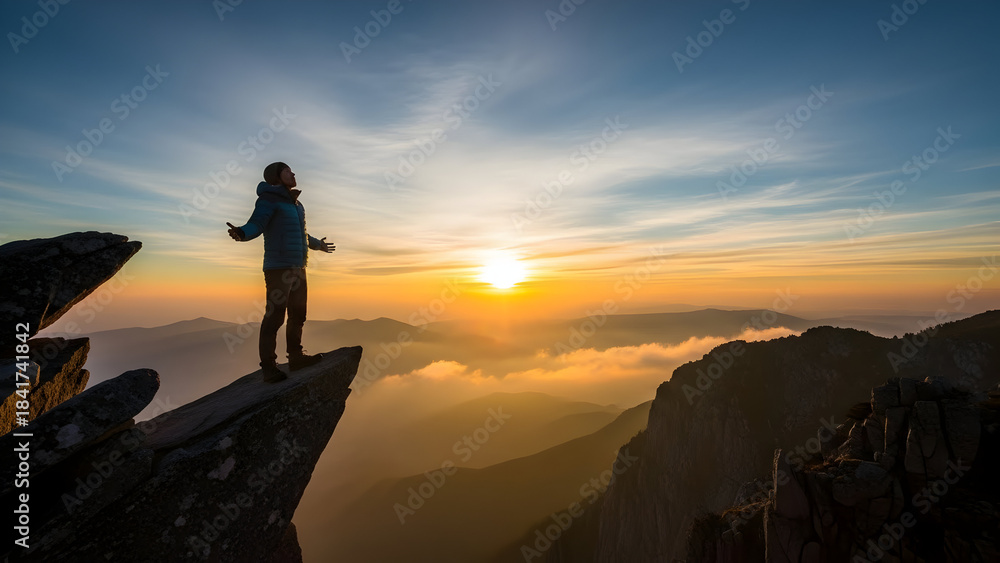 Fototapeta premium A person standing at the edge of a cliff facing sunrise, arms slightly open, conveying hope and courage.