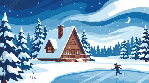 Cozy A-frame cabin in a snowy winter forest at night with warm lights