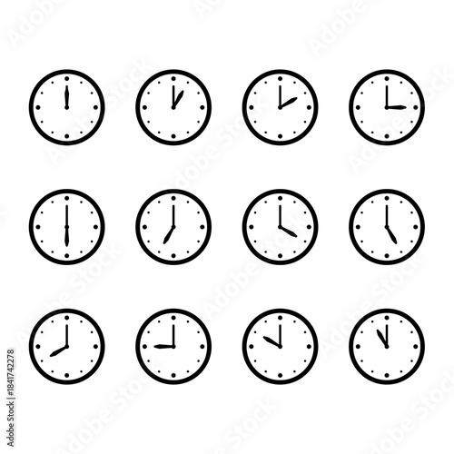 Analog Clock Icons Displaying Every Hour from One to Twelve
