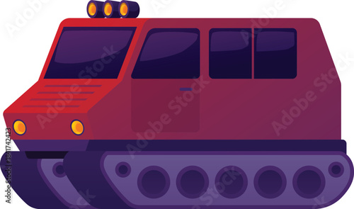 Caterpillar vehicle for Arctic expedition, vector flat snow truck, Polar station transport, scientific research car