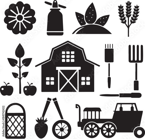 A larger-scale icon collection featuring barns, tools, flowers, crops, and harvest elements.