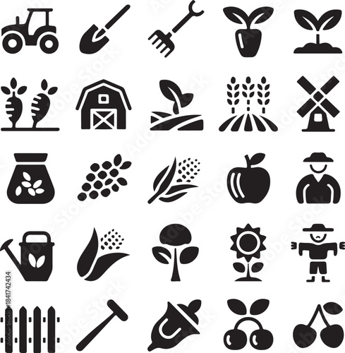 Icons representing daily farm life such as planting, harvesting, watering, and crop growth stages.