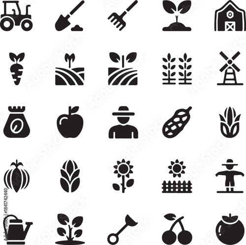 A mix of garden tools, plants, fruits, and farm structures designed in a simple black silhouette style.