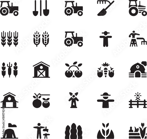 Small, neatly arranged agricultural icons including tractors, wheat, barns, and farmers.