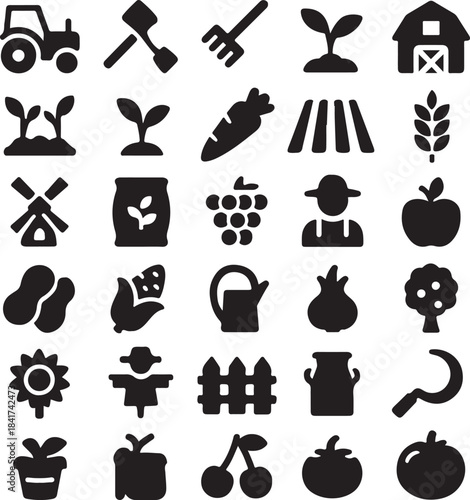 A detailed icon set showing farming tools, crops, livestock-related items, and rural lifestyle symbols.