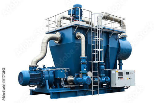 Industrial wastewater treatment and sludge dewatering system isolated on a transparent background