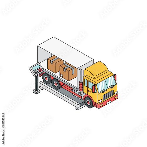 Isometric illustration of a delivery truck being weighed on a large scale with cargo.