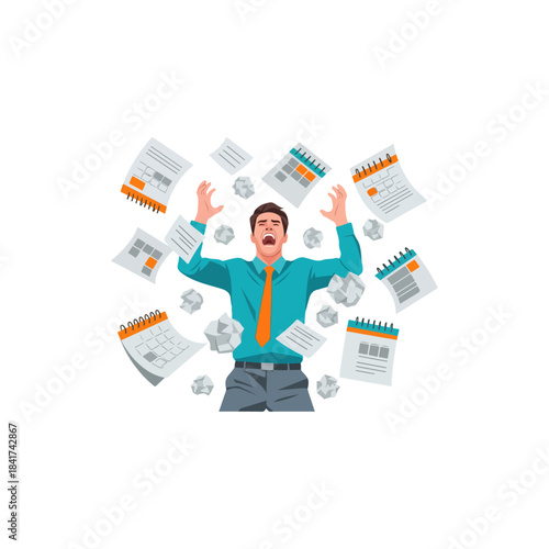 Stressed businessman overwhelmed by work and deadlines.