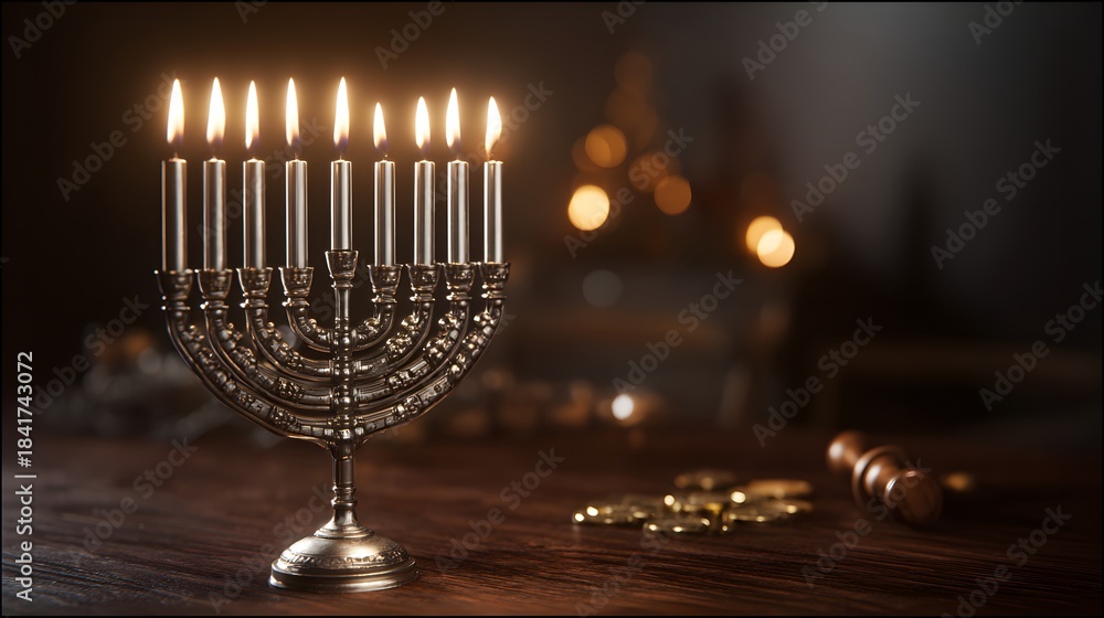 Fototapeta premium Lit Hanukkah Menorah, Chanukiah, on a Dark Wooden Table. Dramatic, Low-Key Holiday Lighting. polished silver or brass, with nine candles.