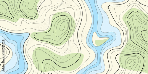 Topographic contour, line map with curvy wave isolines. Colored topographic landscape surface map, pattern. Concept of conditional geography scheme, terrain path. Editable stroke vector illustration