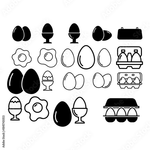Egg, fried egg, egg box icons set silhouette