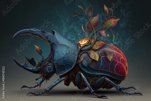 A surreal and detailed depiction of a rhinoceros beetle with growing plants in fantastical and artistic style.