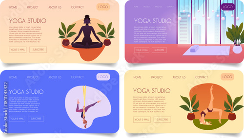 Yoga studio vector flat landing page advertising designs set, woman practicing yoga on the hanging rope, aerial pilates