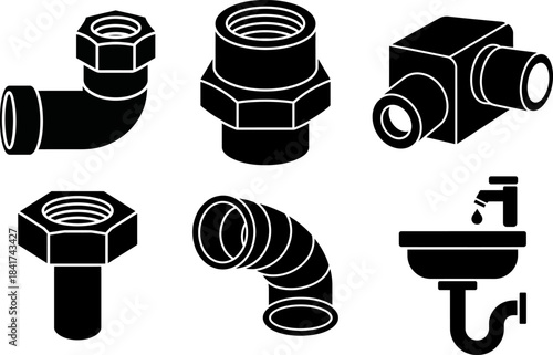 Plumbing Pipe Fittings and Sink Icons Set