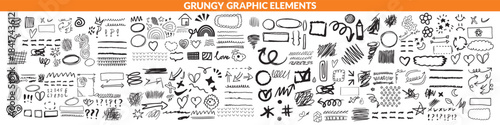 Vector set of grungy graphic elements. Street art texture hand drawn pencil underlines and strikethrough, scribble emphasis lines, crazy hatches, ovals and crosses. Each element is united and isolated