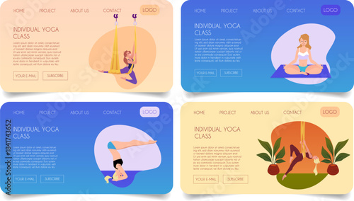 Yoga studio, individual yoga class advertising landing page vector set, woman practicing aerial yoga on the hanging rope