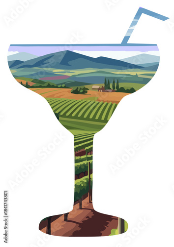 Vector illustration of vineyard landscape in a glass in whimsical artistic style, green-brown palette, decorative design concept