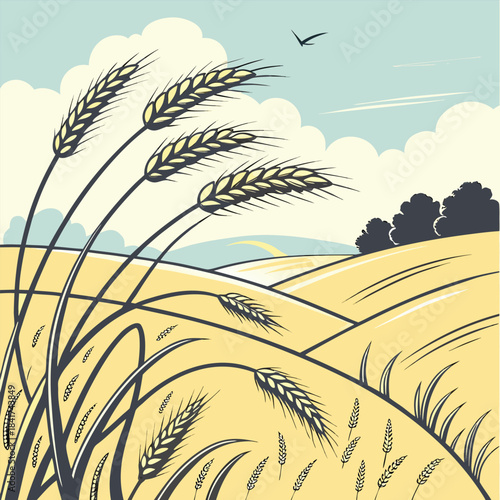Illustration of a serene wheat field landscape with rolling hills and a cloudy sky