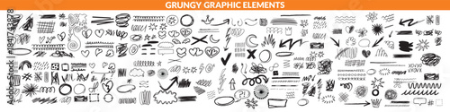Vector set of grungy graphic elements. Street art texture hand drawn pencil underlines and strikethrough, scribble emphasis lines, crazy hatches, ovals and crosses. Each element is united and isolated
