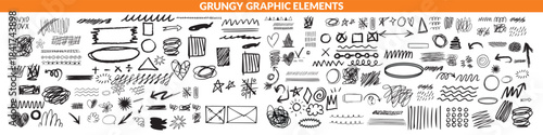 Vector set of grungy graphic elements. Street art texture hand drawn pencil underlines and strikethrough, scribble emphasis lines, crazy hatches, ovals and crosses. Each element is united and isolated