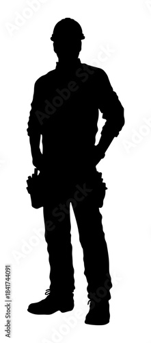 black silhouette of a construction worker in helmet without background.