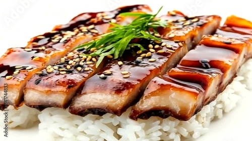 Delicious Unagi Sushi Rolls on White Rice with Sesame Seeds and Fresh Herbs