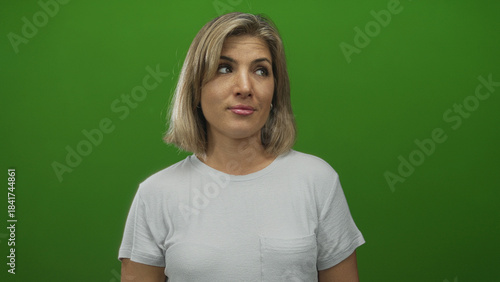 Photography Blonde woman in white shirt pointing head with subtle smirk and quizzical gaze against green backdrop in studio; thinking