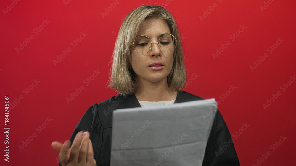 Fototapeta premium Young blonde woman judge reading court document, hand gripping sheet in studio setting; justice focus.