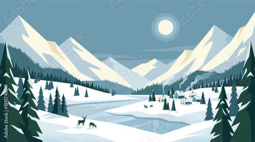 Winter landscape illustration with cozy cabin, snowy mountains, and winding river