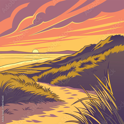 Vibrant illustration of a serene beach path at sunset with purple and orange hues in the sky and sand dunes