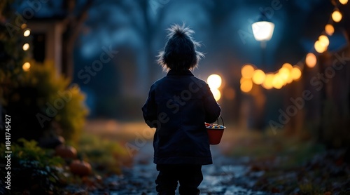 Fototapeta Naklejka Na Ścianę i Meble -  Child in a hat walking at night with decorative lights