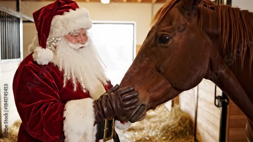 Santa Claus Petting Horse Nose Mane Stable Farm Animal Interaction VFX
