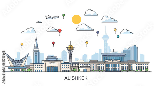 Almaty Skyline A Modern Cityscape Illustration with Iconic Buildings and Airplanes