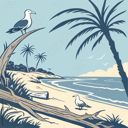 Seagulls perched on driftwood and palm tree on a serene beach with sandy shore and calm ocean waves